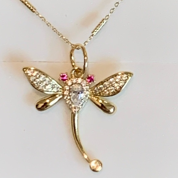 Jewelry - 14 Gold Plated Dragonfly Pendant Necklace with zircons